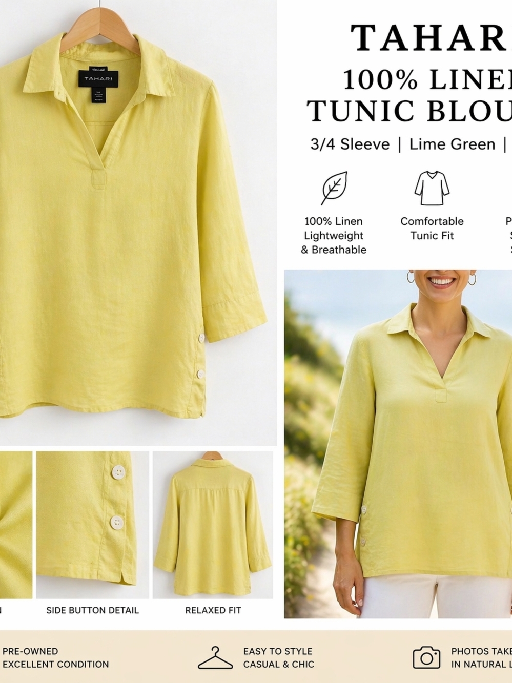 2 For 25! Mothers Day!!Tahari Lime Green Linen Tunic Top